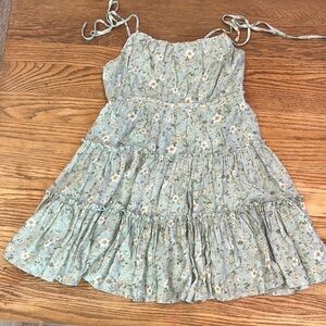 Altar’d State soft green floral tiered dress with tied-spaghetti strap